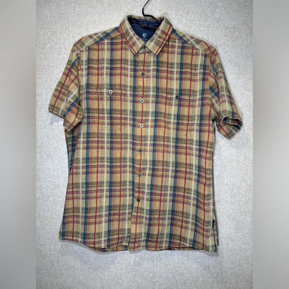 KUHL Born In The Mountains Plaid Linen Blend Button Up T-Shirt Hiking Size M